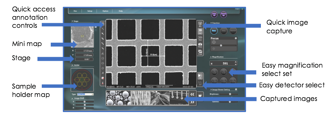 用于EM-30台式扫描电子显微镜的NanoStation软件界面
